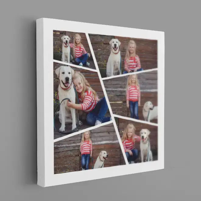 Square canvas photo collage featuring a young girl and a dog in various poses against a rustic wooden background. The collage is framed in white and showcases multiple images arranged in a skewed, dynamic layout. Ideal for personalised gifts in South Africa, photo to canvas, and photo albums.