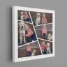 Square canvas photo collage featuring a young girl and a dog in various poses against a rustic wooden background. The collage is framed in white and showcases multiple images arranged in a skewed, dynamic layout. Ideal for personalised gifts in South Africa, photo to canvas, and photo albums.