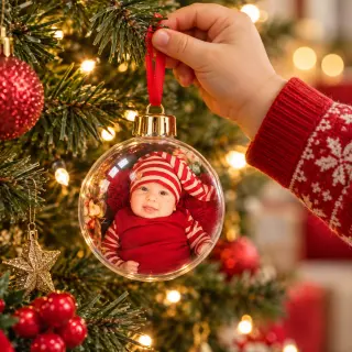 Two people in white sweaters are holding a personalised Christmas ornament with a child's photo in front of a decorated Christmas tree. The scene is festive and warm, highlighting holiday traditions.
