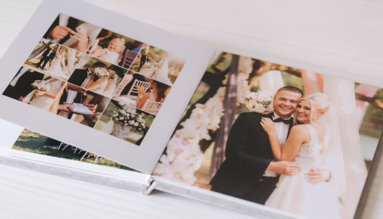 A beautiful wedding album with open pages, displaying cherished moments from a couple's special day - banner