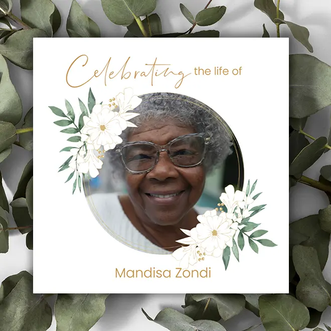 "Square photo book cover titled 'Celebrating the life of Mandisa Zondi' featuring a circular photo of an elderly woman with glasses, surrounded by botanical elements and white flowers. The background includes green leaves, creating a serene and natural theme. Ideal for memorial keepsakes."