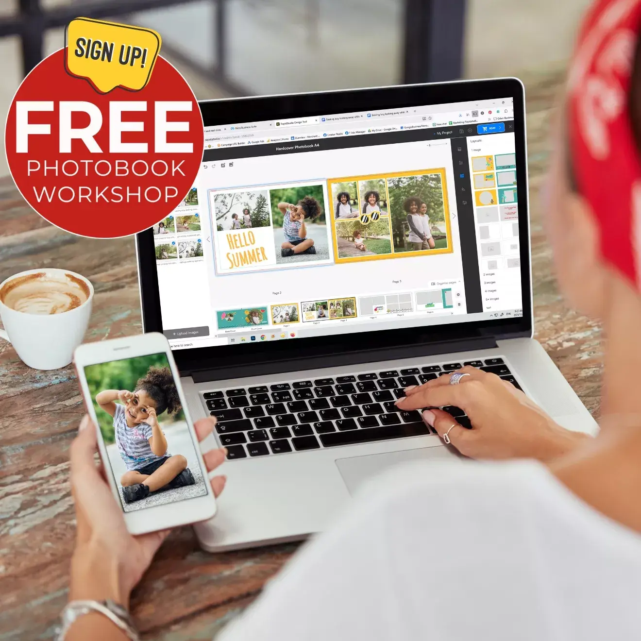 "Young woman in a yellow hoodie and headphones smiling while attending an online photobook workshop on her laptop. The image promotes 'Chantal's Free Photobook Workshop' with a circular banner featuring a photo of Chantal and text. The setting is a cosy living room with a sofa, bookshelf, and coffee table."