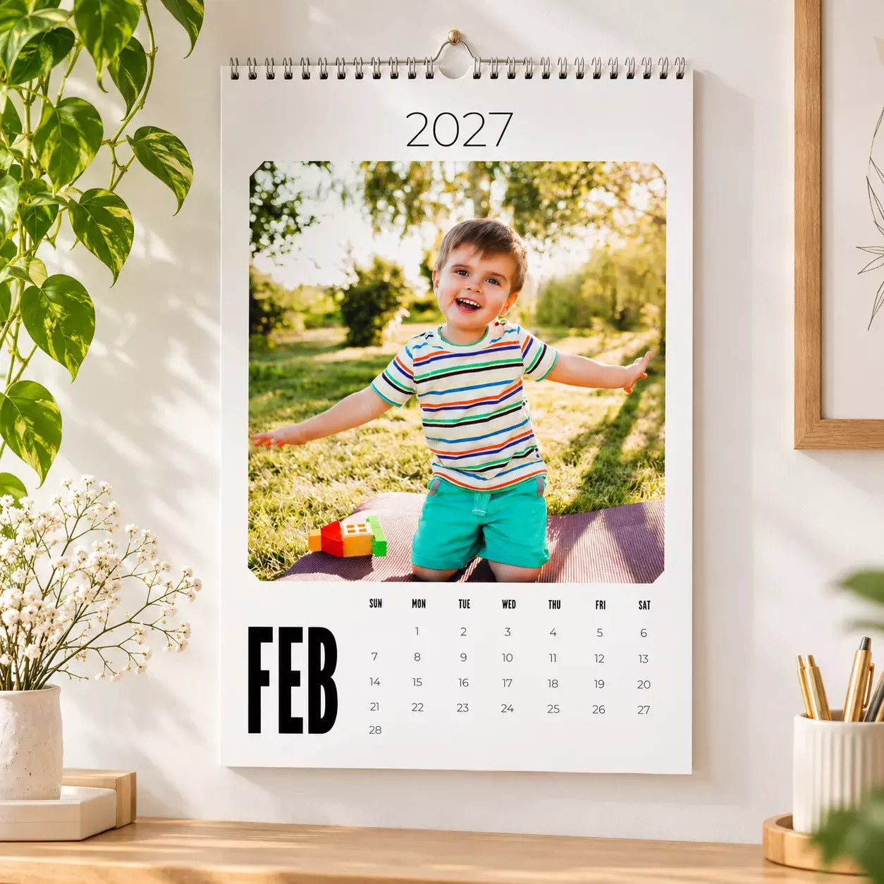 Personalised wall calendar for April 2023 featuring a colourful image of a smiling child in a pool float. The calendar has a clean, minimalist design with dates clearly marked. Ideal for gifts such as baby shower gift ideas, Christmas gifts, or personalised gifts in South Africa.