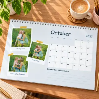 A personalised desk calendar for the month of May, featuring a photo of a couple embracing in a field. The calendar is displayed on a white shelf next to a gold candle holder with a snowflake design.