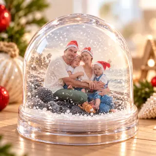 A Christmas tree ornament featuring a young child wearing a Santa hat and holding cookie cutters in front of their eyes, creating a festive and joyful holiday scene.