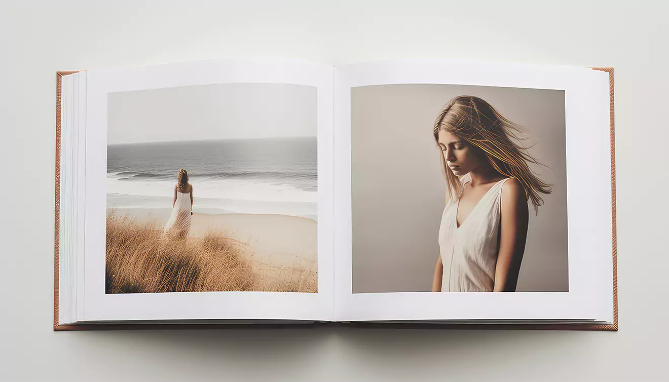 Beautiful coffee table photo book opened to the center, featuring a moody shot of a woman walking down the beach - banner