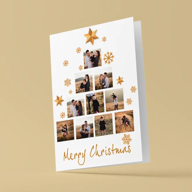 Christmas-themed greeting card featuring a collage of family photos arranged in a tree shape, adorned with gold stars and snowflakes. The card has a white background with ''Merry Christmas'' written in gold cursive at the bottom. Ideal for personalised Christmas gifts.