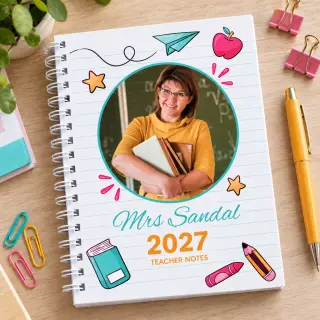 A personalised spiral-bound notebook titled "Love Notes for Mary" featuring a couple making peace signs on the cover. The notebook is placed on a pink desk with roses, a keyboard, a pen, and a coffee cup.