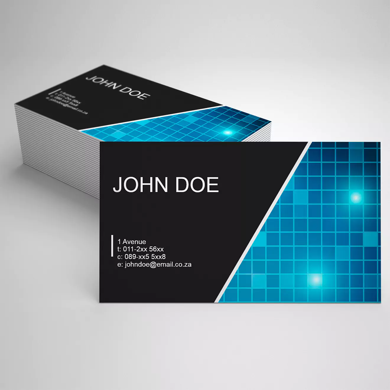 Creative business card displaying bold, artistic graphics and personalised contact details, ideal for creative professionals.