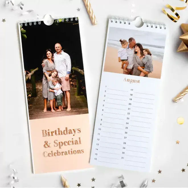 Personalised birthday calendar showcasing special moments and loved ones’ birthdays, decorated with vibrant images for each month to celebrate and remember important dates all year round.