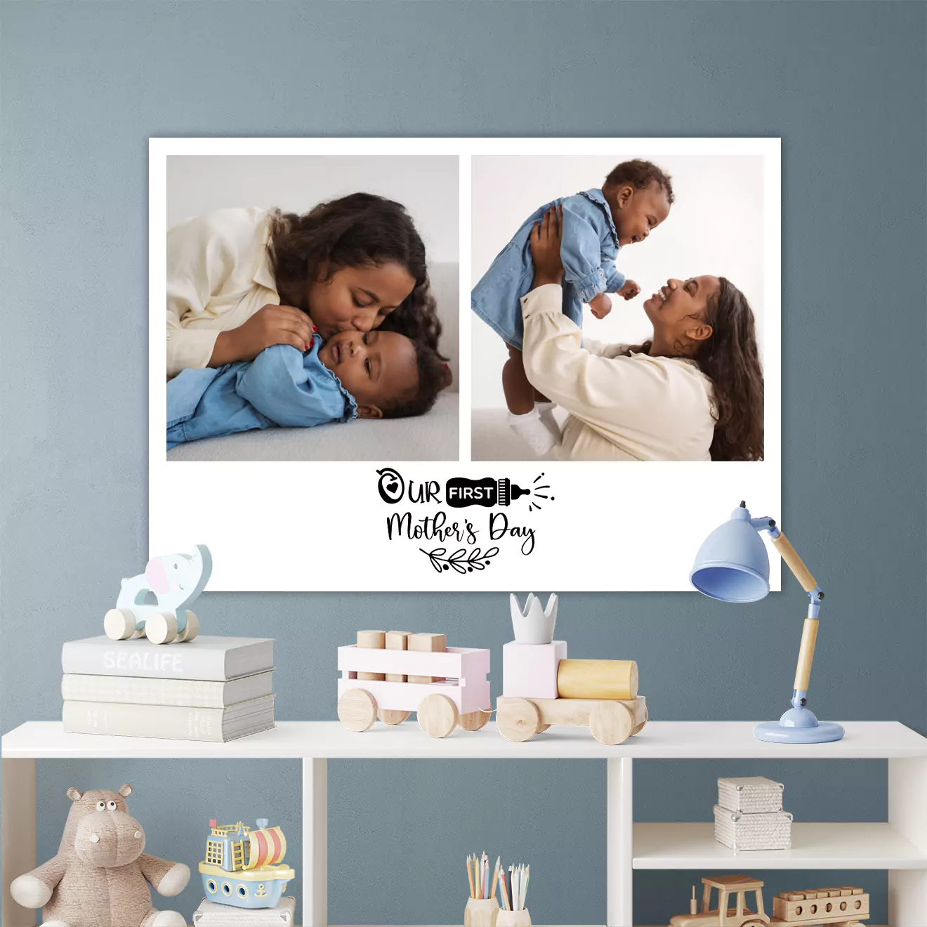 Canvas collage displayed in a baby's room, featuring a charming collection of baby photos arranged artistically, adding a personal and adorable touch to the nursery decor.