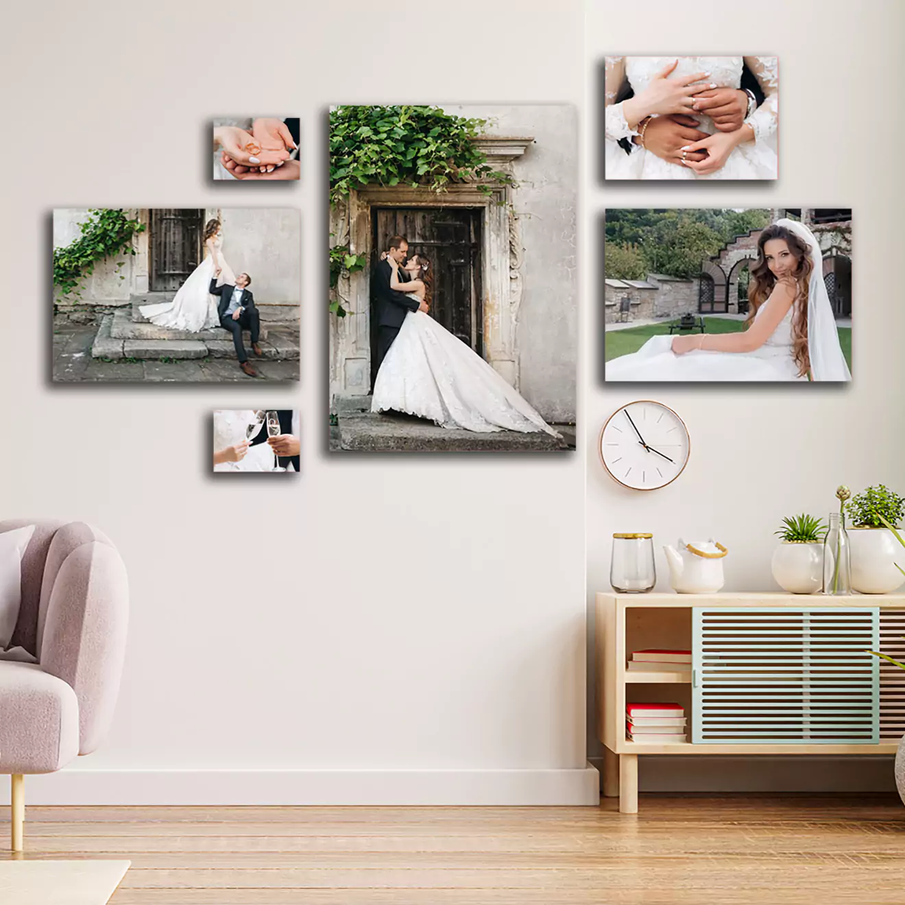 Set of canvas prints featuring a family portrait series, perfectly capturing the warmth and connection of family moments, displayed together to create a cohesive and heartwarming wall arrangement.