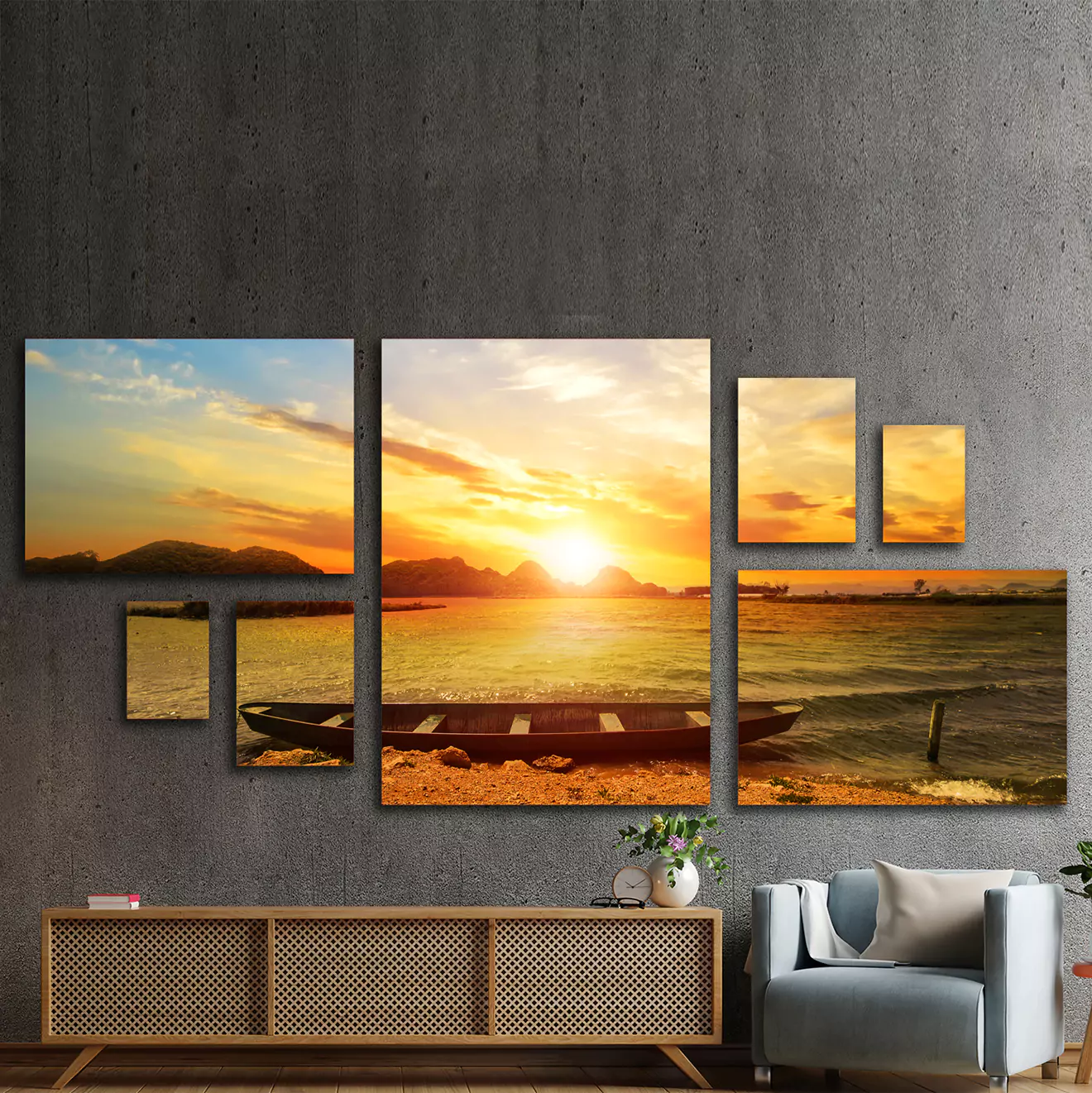 Canvas set displaying a young couple enjoying the outdoors, with images of them sitting together, capturing their relaxed and joyful moments in a natural setting. 