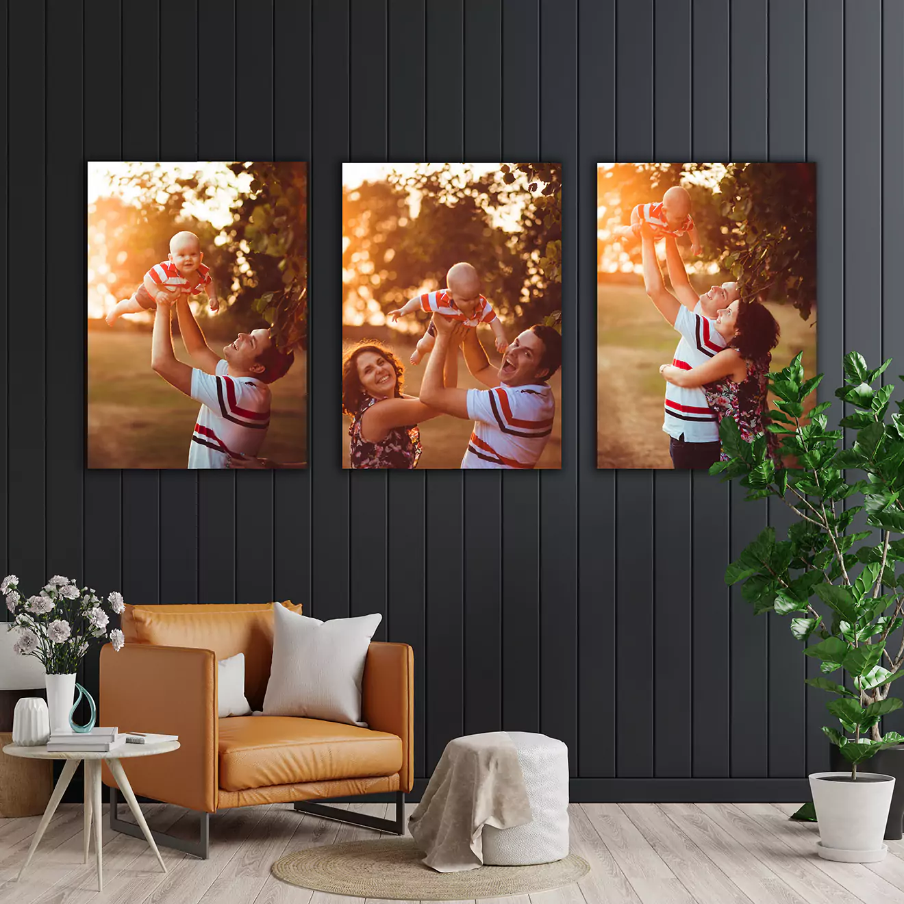 Set of three canvas prints in a sitting room, each capturing a beautiful moment from a wedding, elegantly displayed to reminisce and celebrate the special day.