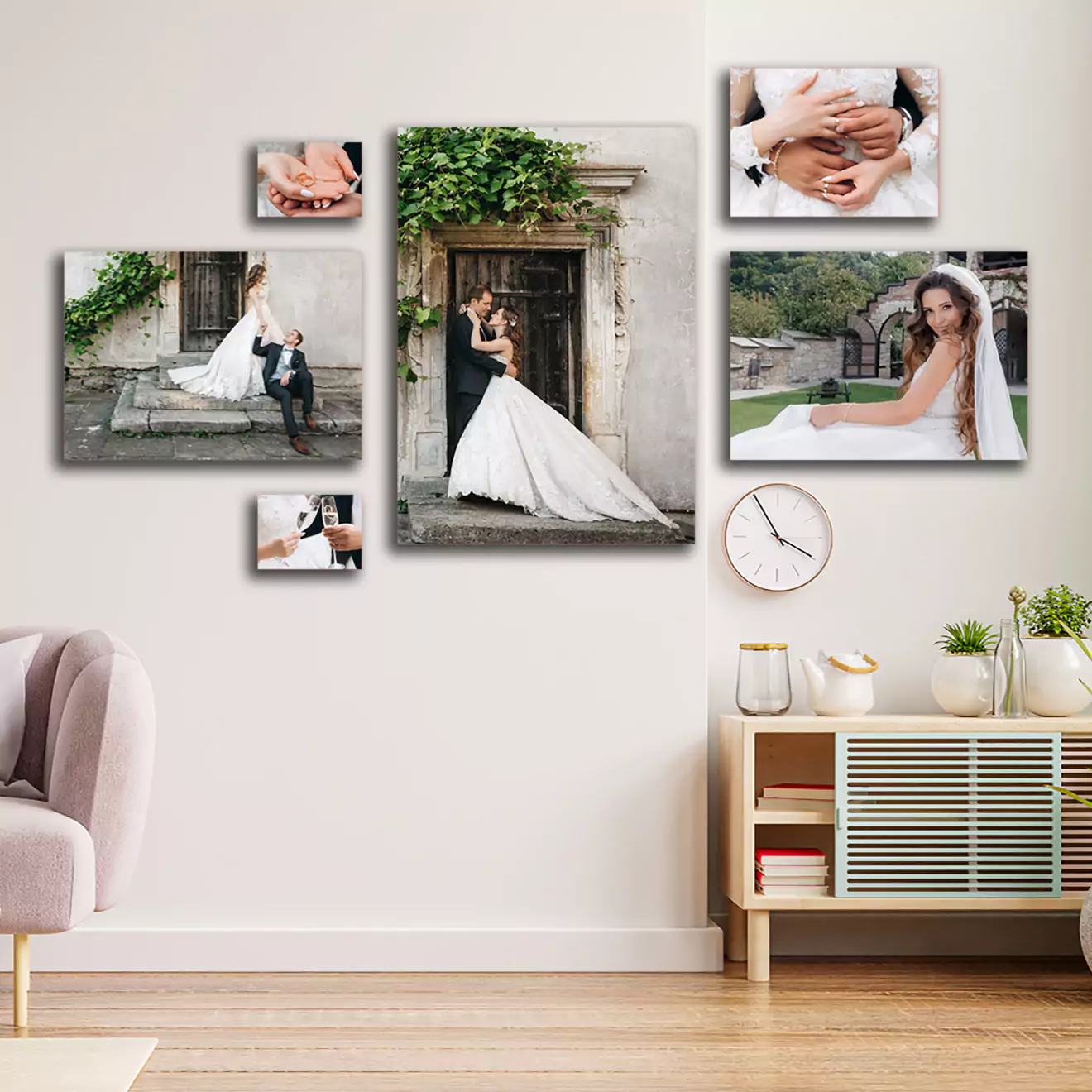 Living room with a gallery wall displaying multiple wedding-themed canvas prints. The images feature a bride and groom in various poses, including holding hands and embracing.