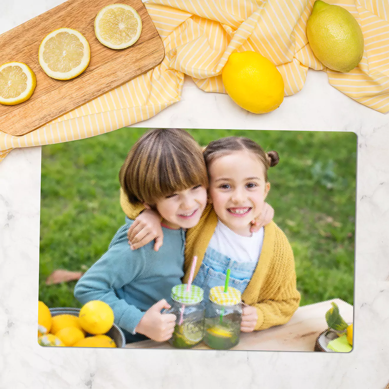 Custom cutting board featuring a vibrant print of a child eating a watermelon, combining functionality with a playful, personal touch in kitchen decor.