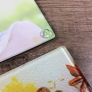 Close-up shot of a personalised cutting board on a table, displaying a colourful and vibrant prints, enhancing the cheerfulness of kitchen decor.