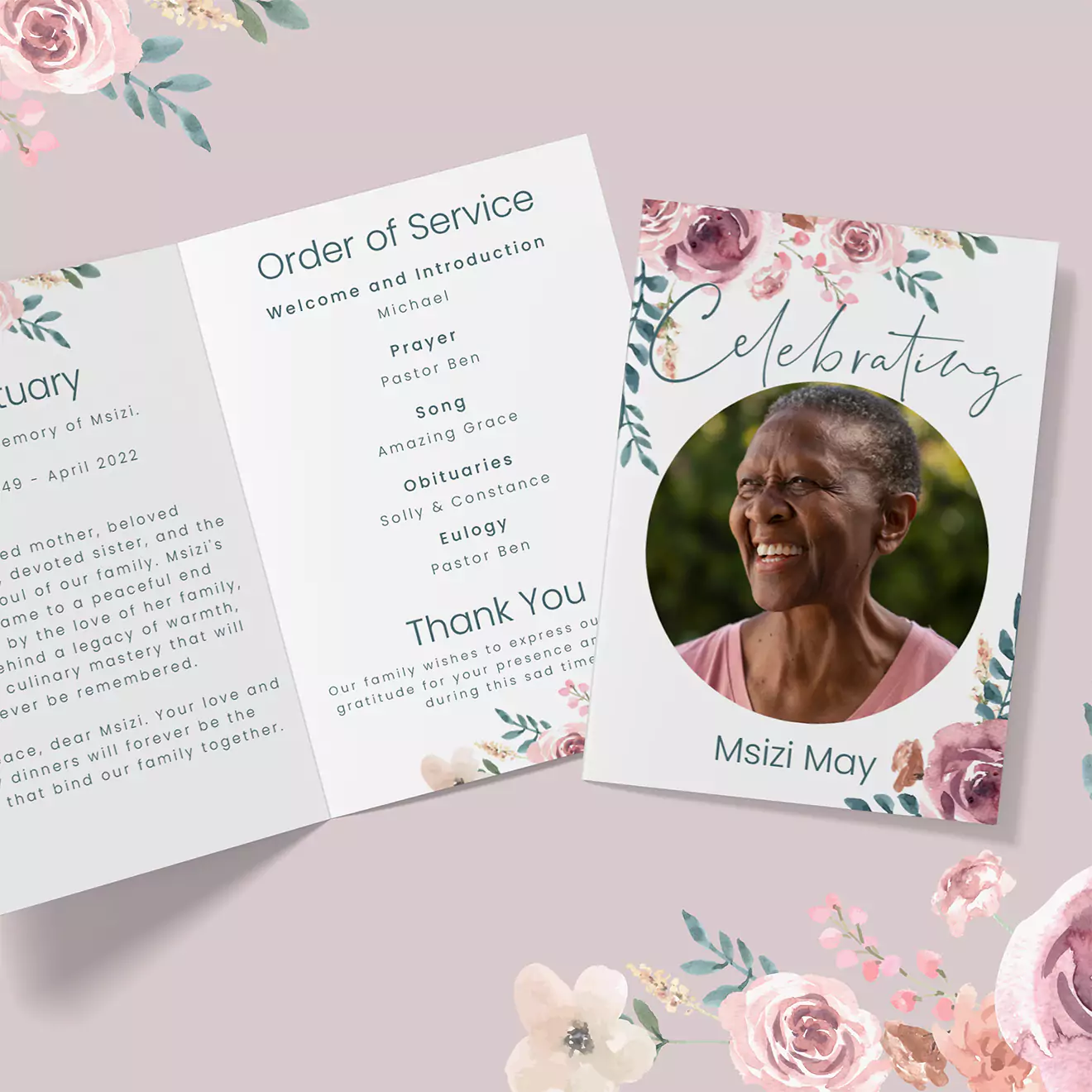 Funeral program booklet featuring a cover with a photo of an elderly person and floral designs. The inside page lists the order of service, including prayers, songs, and eulogies.