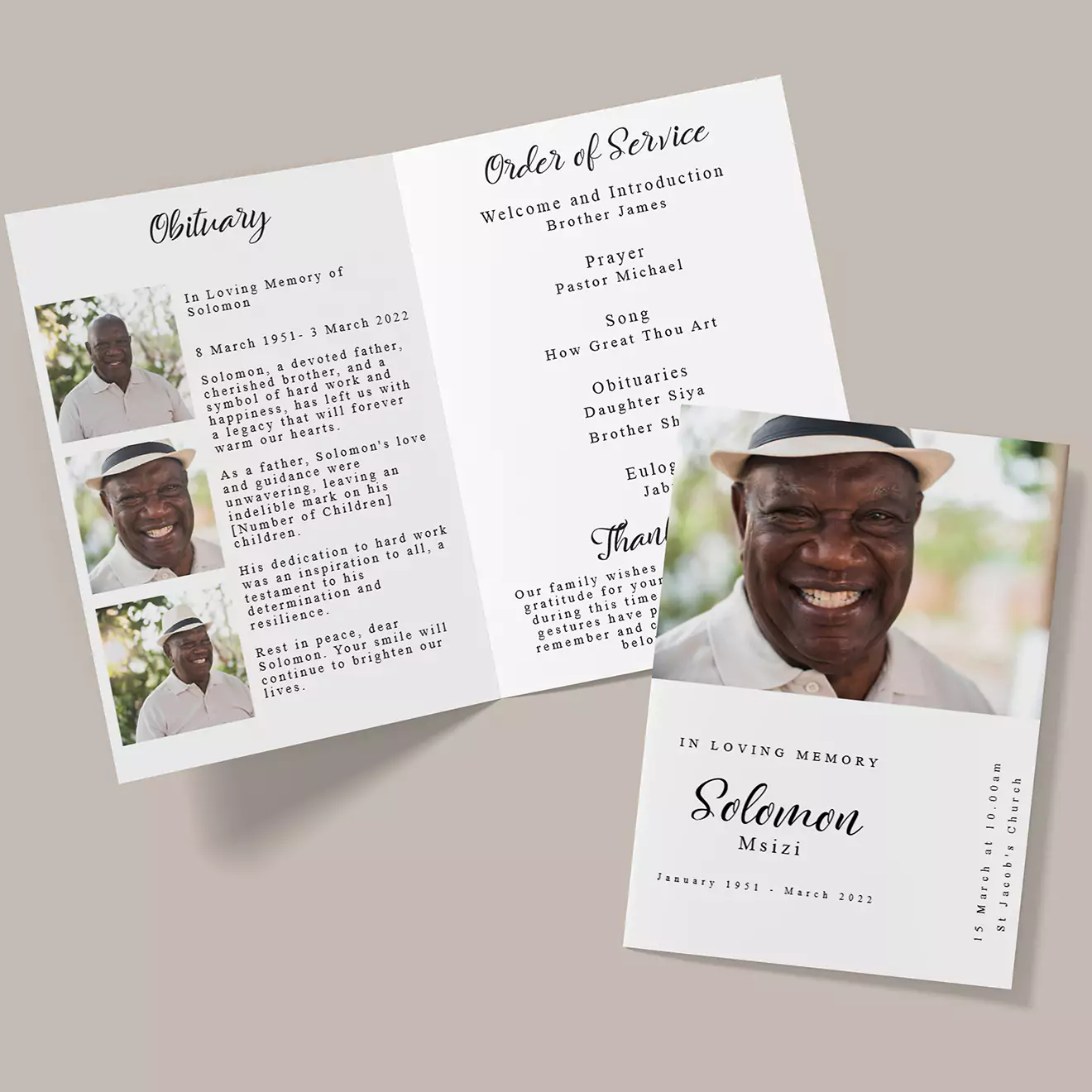 Funeral program template featuring a smiling man in a white hat. The program includes sections for an obituary, order of service, and a thank you note. The cover reads 'In Loving Memory' with the name and dates of the deceased.