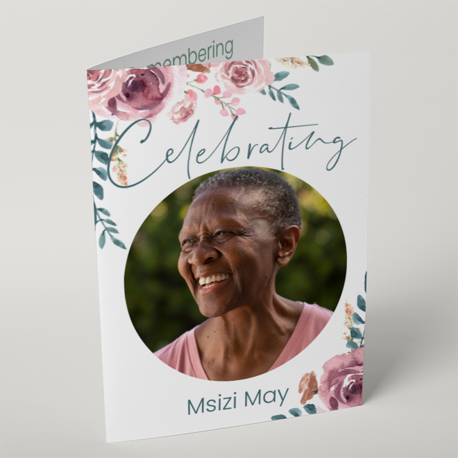 Funeral program featuring a smiling elderly woman on the cover, surrounded by floral designs and the word 'Celebrating.' The name 'Msizi May' is printed at the bottom.