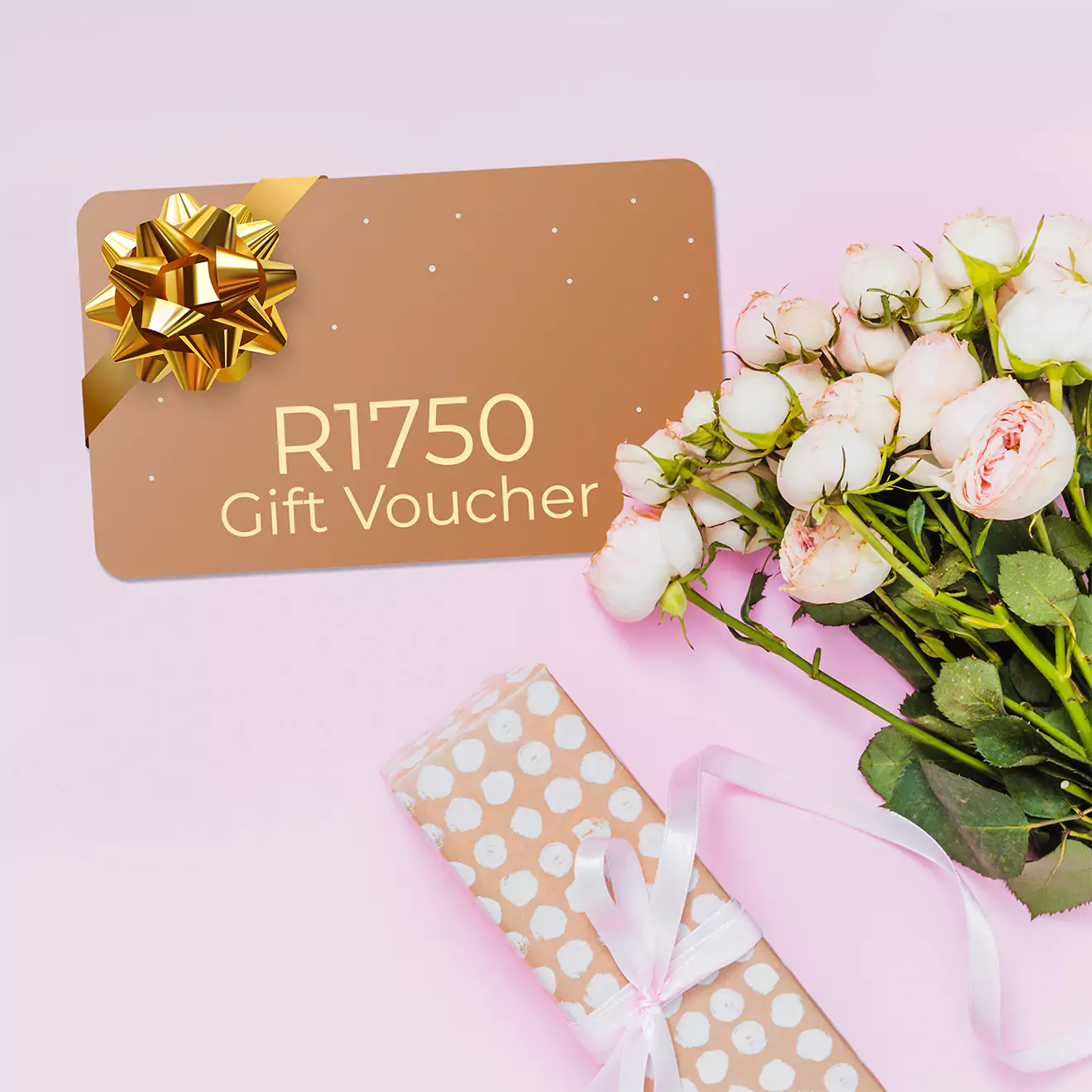 R1750 gift voucher with a golden bow, accompanied by a bouquet of white and pink roses and a polka dot wrapped gift, set against a light pink background.