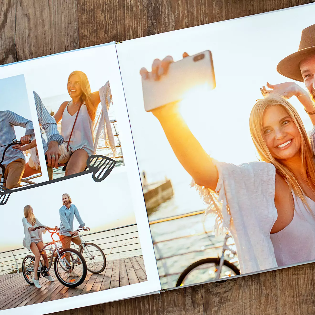 Open photobook showing a joyful couple taking selfies while riding bicycles. Captures lively and fun moments, perfect for storing cherished memories.