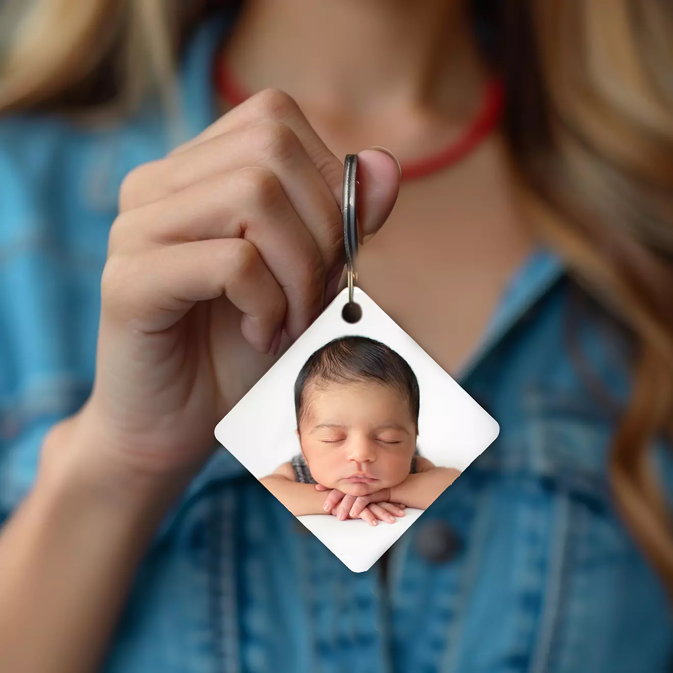 Personalised keyring featuring a festive Christmas theme, decorated with holiday motifs on a custom-printed charm, ideal for a seasonal gift or personal keepsake.