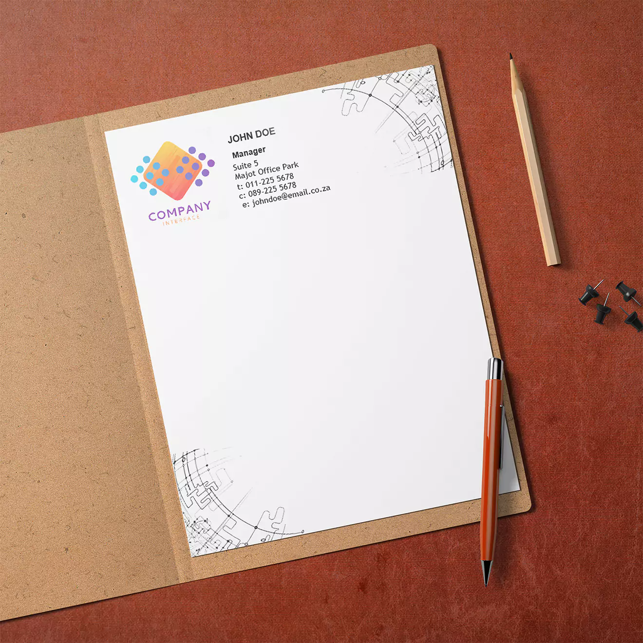 Printed letterhead from RapidStudio’s design template, displayed on a desk, showcasing a professional layout with elegant branding, ready for business correspondence.