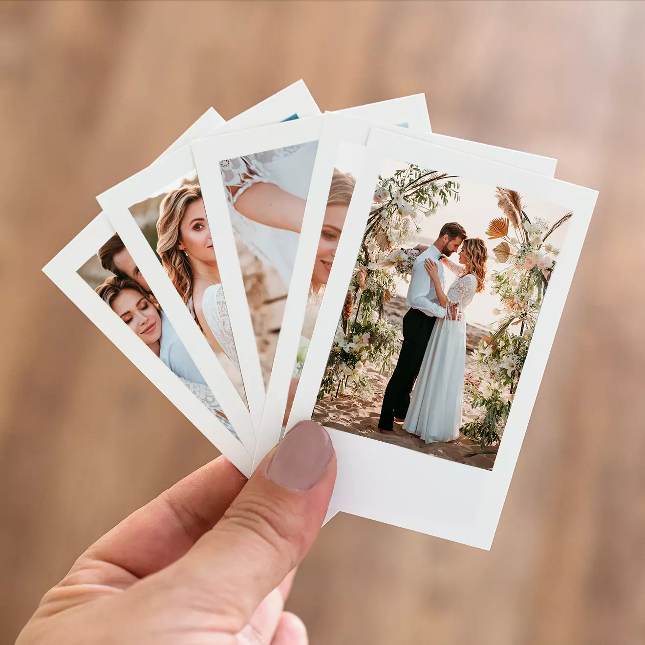 Custom mini print highlighting a romantic wedding moment, elegantly presented with a choice of Polaroid-style border for captions or a symmetrical white edge, printed on exquisite silk paper.