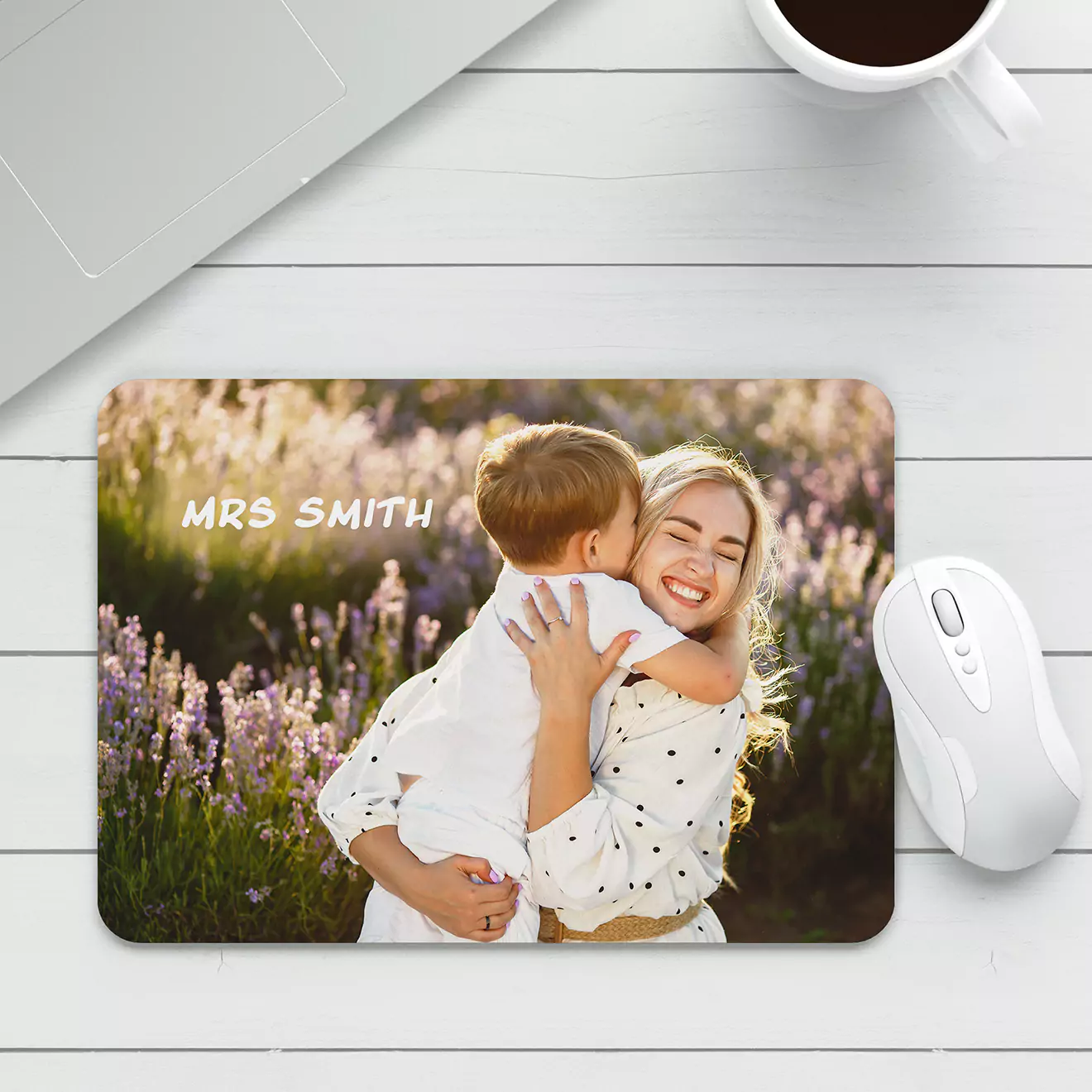 Mouse pad showcasing a tender moment of a mom snuggling her cat and dog, personalising your workspace with a scene of love and companionship."