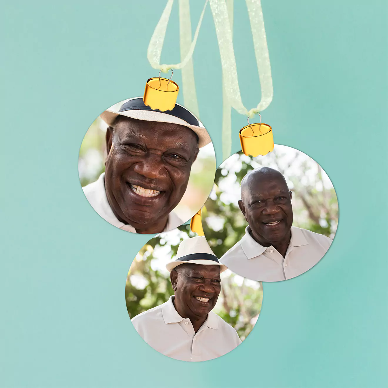 Three Christmas baubles with photos of a smiling man wearing a hat and white shirt, hanging against a light blue background. The baubles are decorated with gold caps and white ribbons.