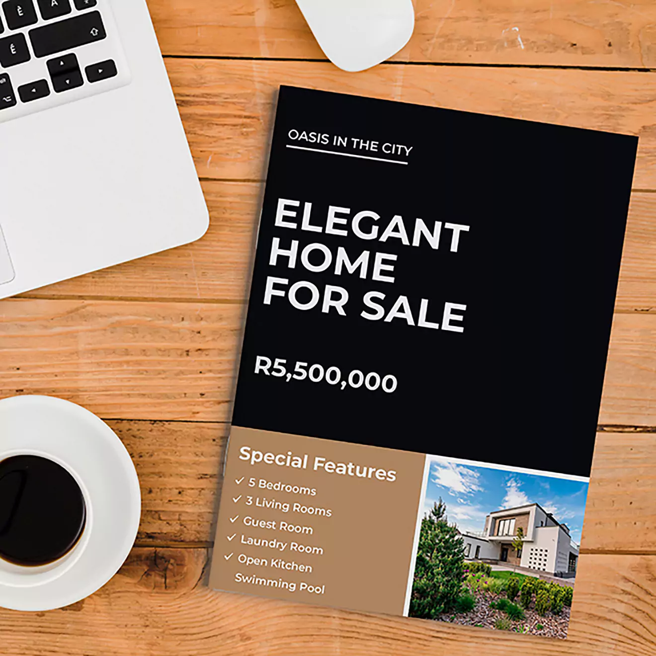 Real estate photo book on a wooden table, titled 'Elegant Home for Sale' priced at R5,500,000. Features listed include 5 bedrooms, 3 living rooms, guest room, laundry room, open kitchen, and swimming pool. Nearby are a laptop and a cup of coffee.