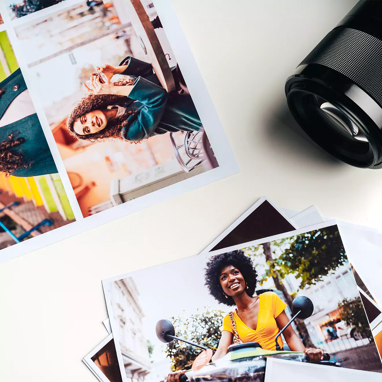 A collection of photographic prints featuring smiling children in various outfits, arranged in a grid pattern. The images showcase high-quality, vibrant prints suitable for photobooks.