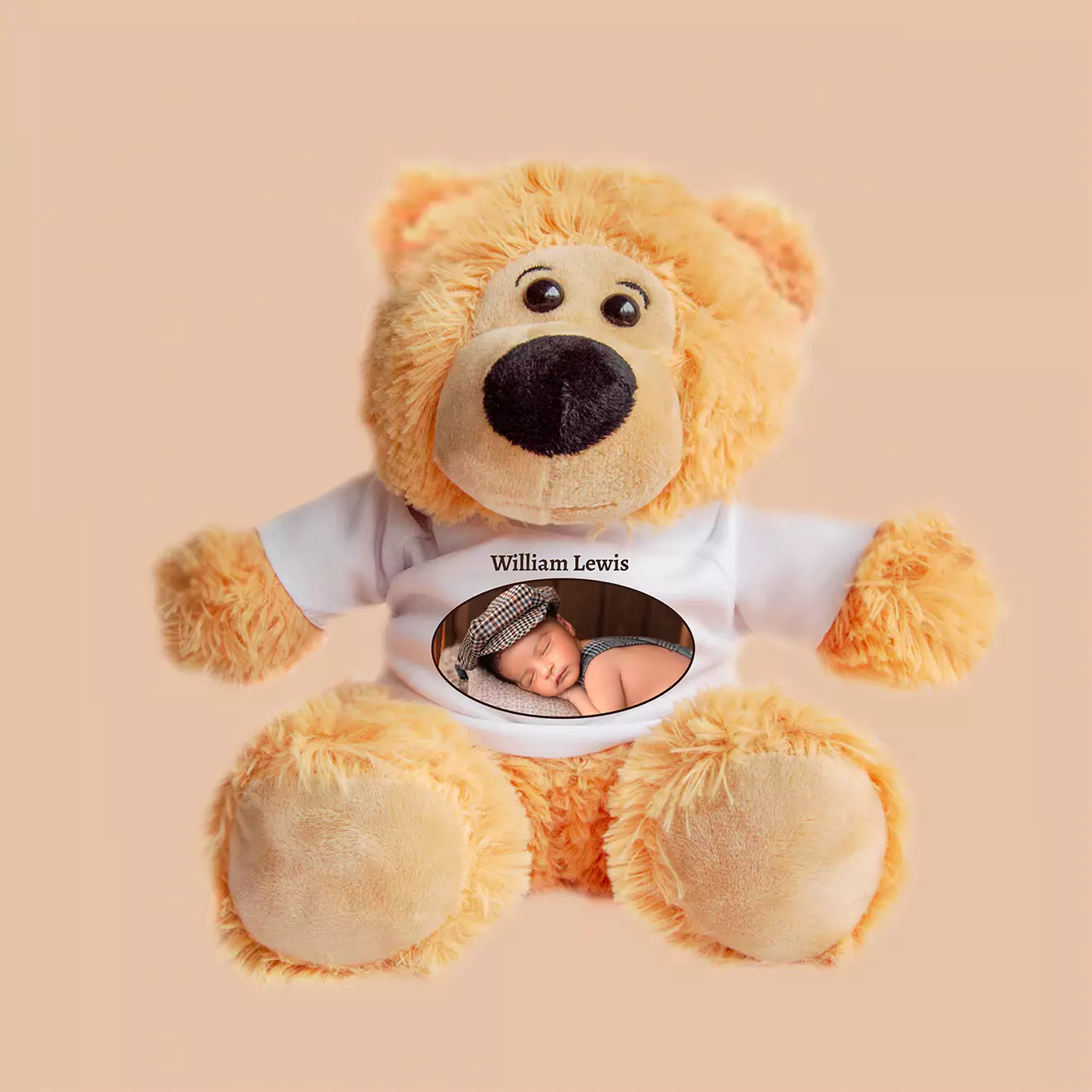 Personalised soft toy bear wearing a custom T-shirt, featuring a heartwarming smile and cuddly texture, perfect for gifts and keepsakes, showcased in a charming full-view photo.