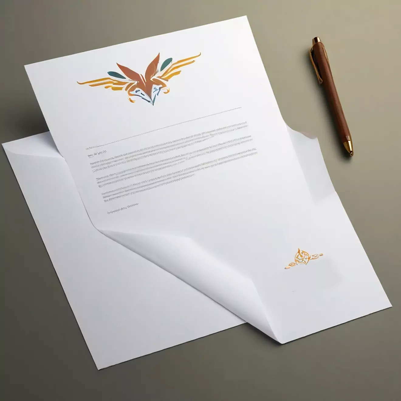 Elegant stationery set featuring a white letterhead with a colourful, artistic eagle design at the top and matching envelope. Accompanied by a sleek brown pen, perfect for professional correspondence.