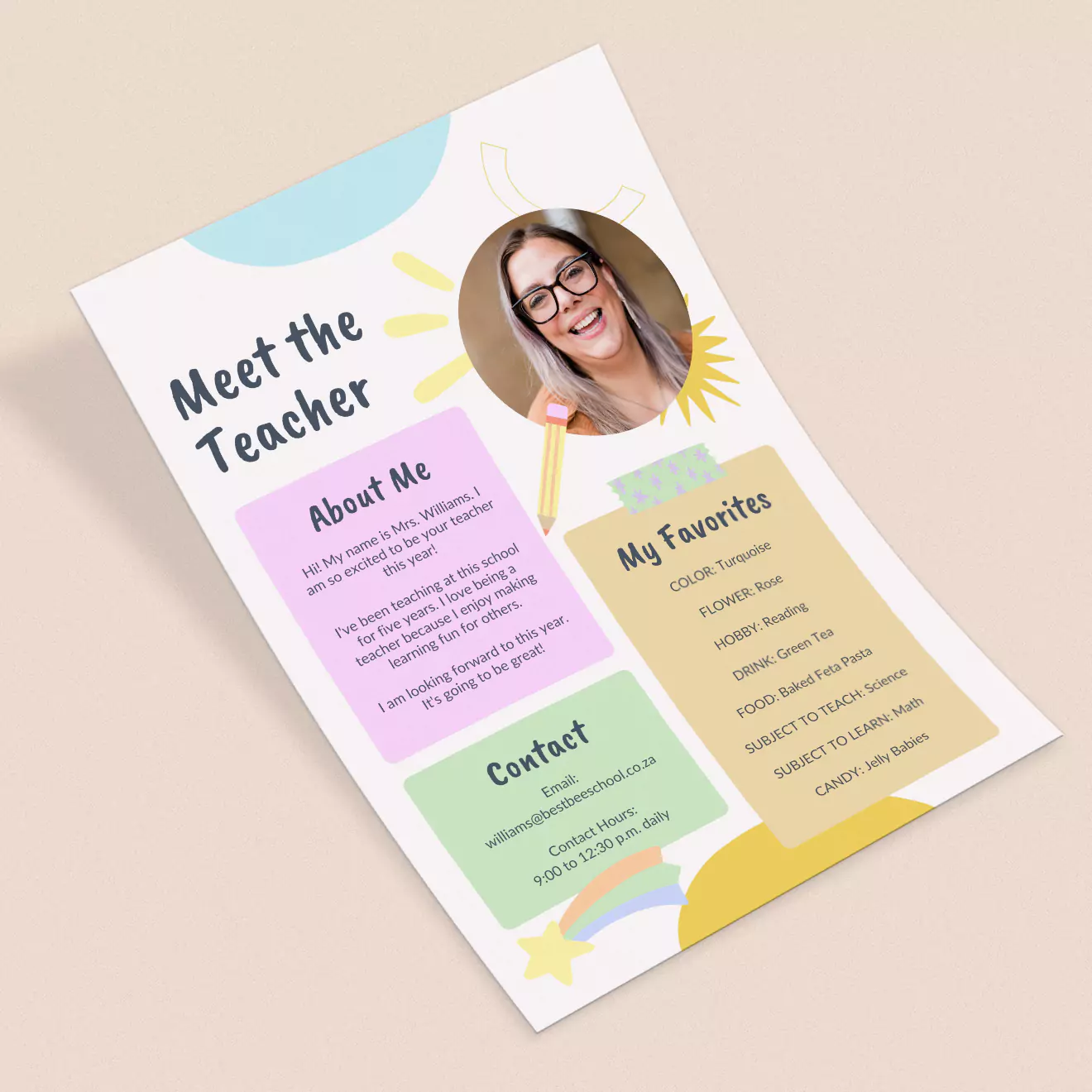 Colourful 'Meet the Teacher' flyer featuring a photo, 'About Me' section, contact information, and a list of favourites. Ideal for introducing teachers in a friendly and engaging manner.