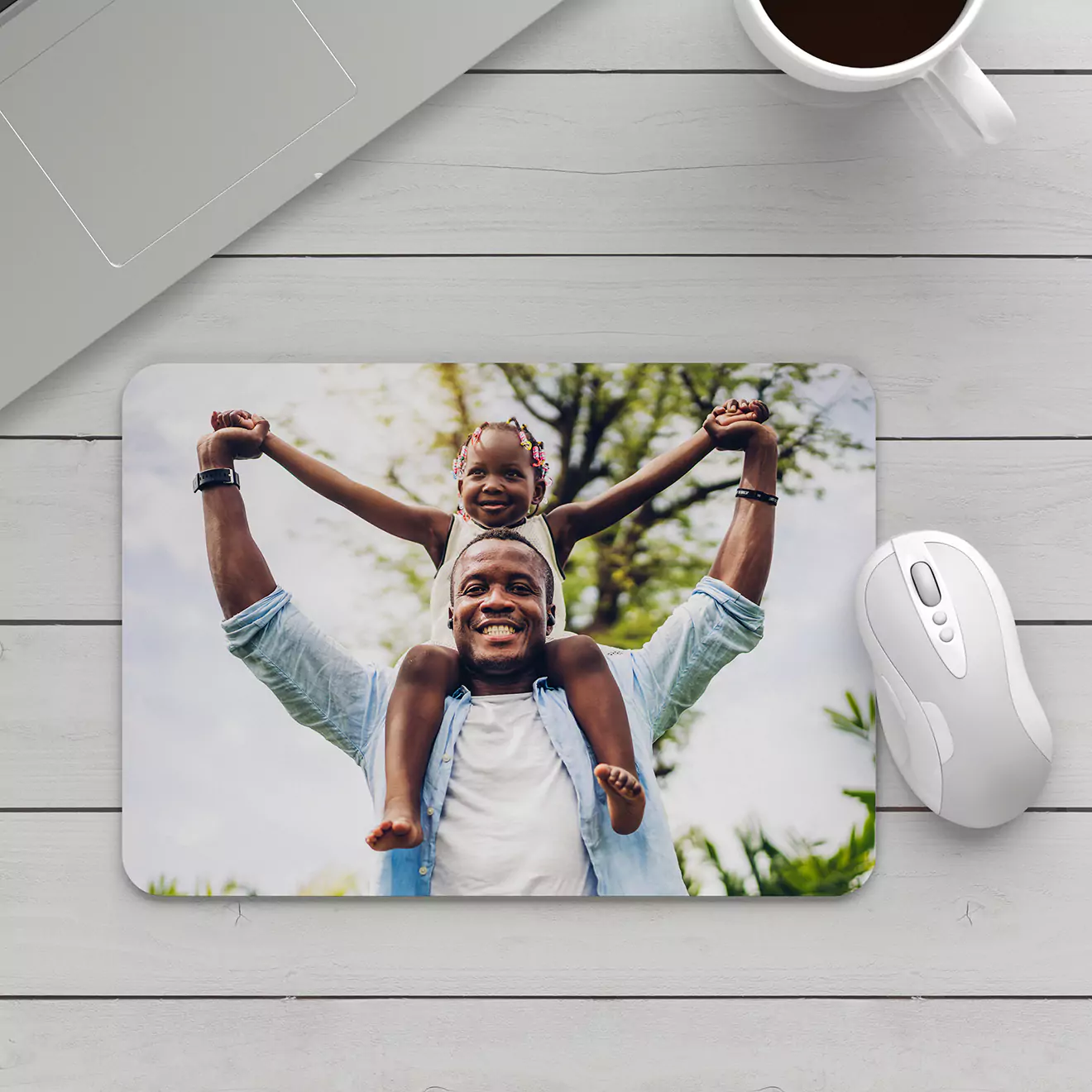 Personalised mouse pad featuring a joyful image of a father carrying his child on his shoulders, perfect for gifts for men, Christmas gift ideas, or personalised gifts in South Africa.