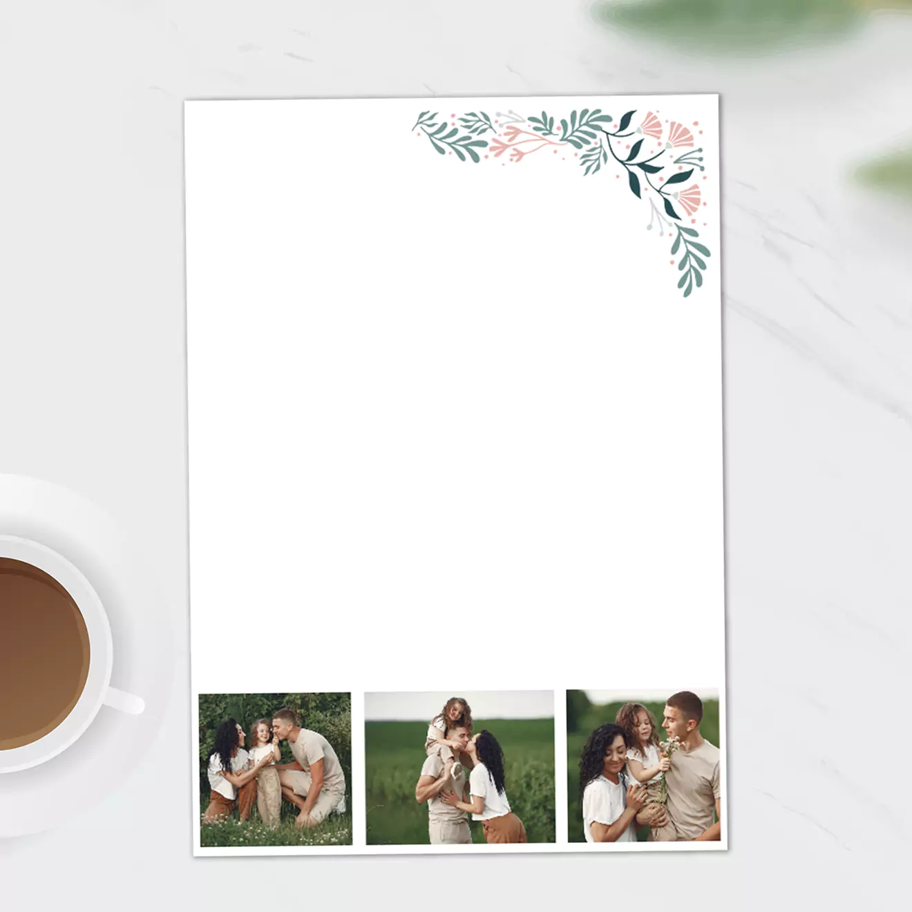 Personalised stationery with a floral design in the top right corner and three photo slots at the bottom, featuring a family. Ideal for gifts for her, baby shower gift ideas, or Christmas gifts.