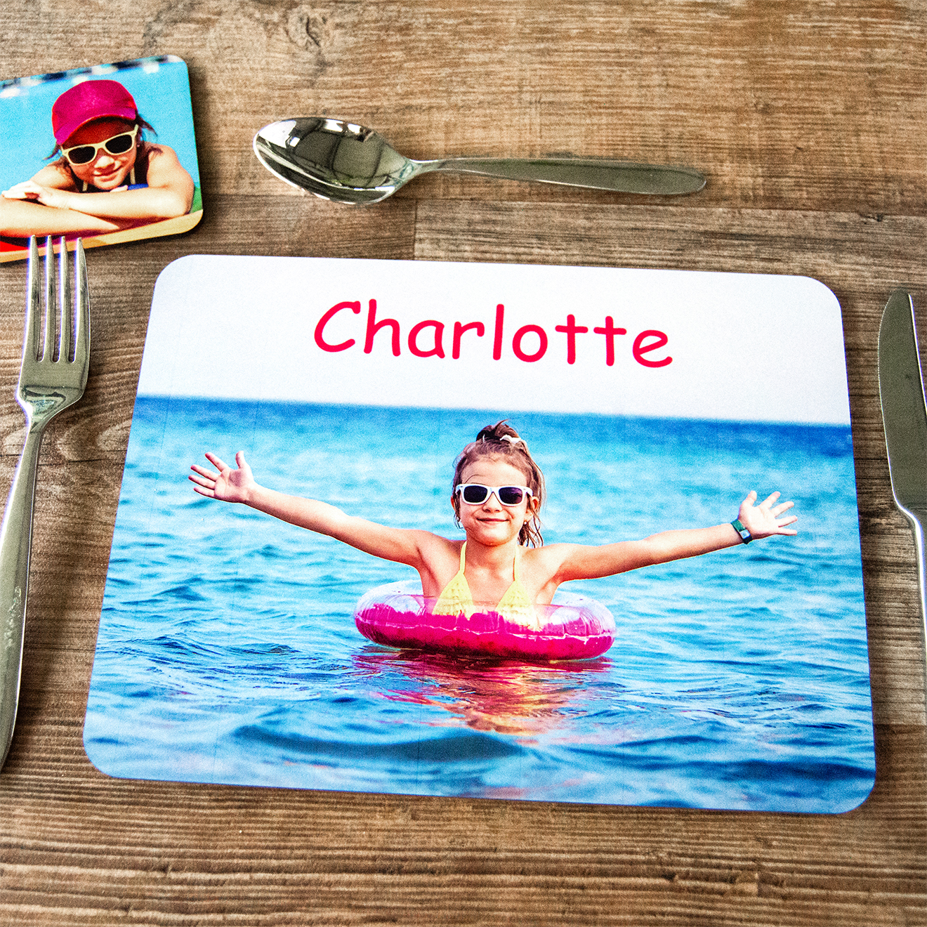 Personalised placemat displaying a charming selfie of a couple, capturing a special moment together, ideal for romantic dinners or as a unique gift for anniversaries.