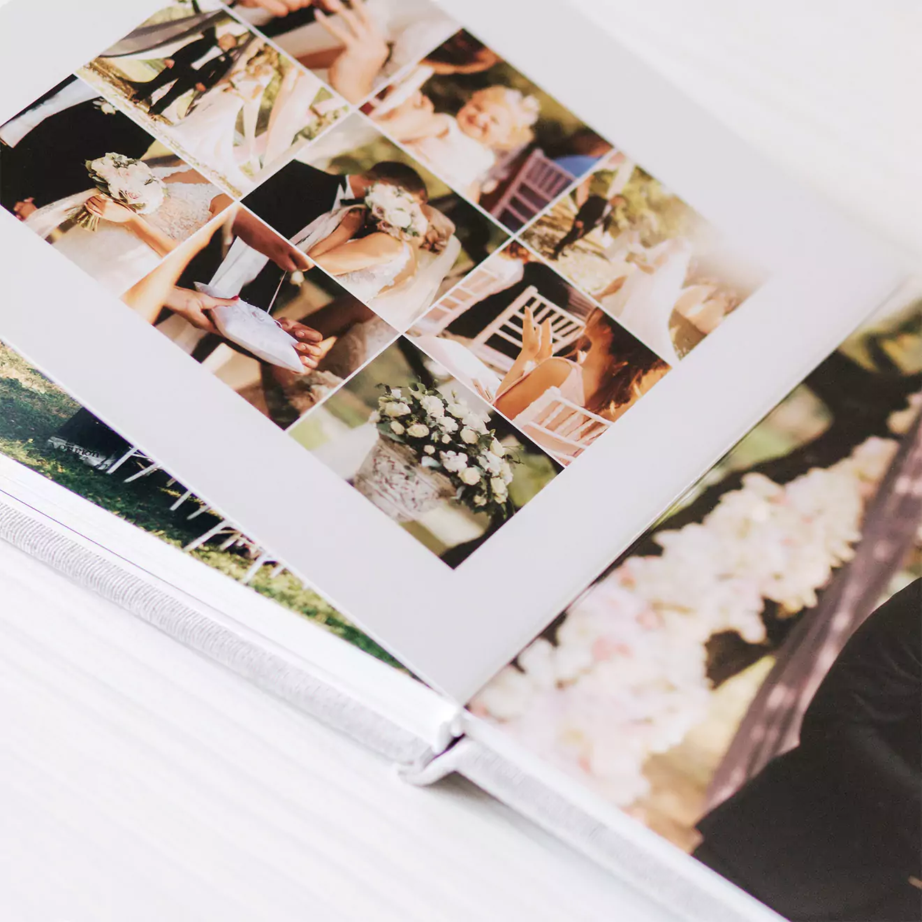 Open photo album displaying a collage of wedding photos, featuring various moments and details. Ideal for personalised gifts, baby shower gift ideas, or Christmas gifts.