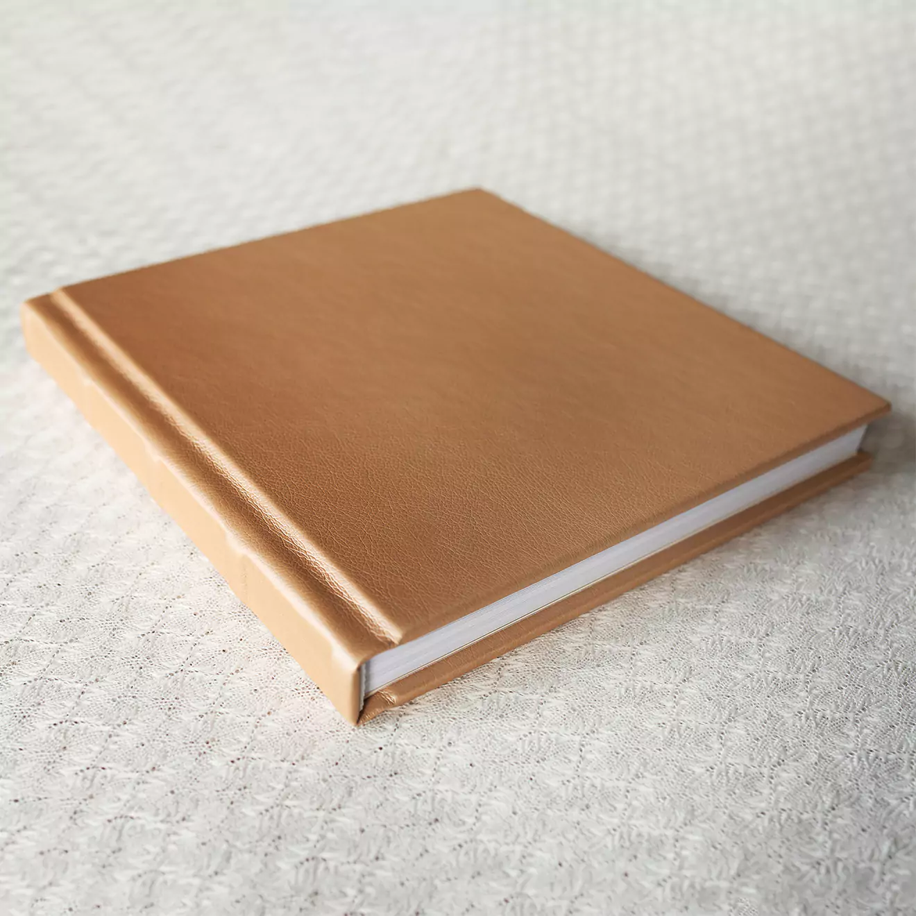 Elegant, square-shaped photobook with a sleek, light brown cover, perfect for preserving cherished memories. The photobook is placed on a textured, light-colored surface.