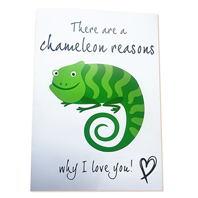 Alt tag: Valentine's Day card featuring a cute green chameleon illustration with the text "There are a chameleon reasons why I love you!" and a small heart drawing at the bottom.