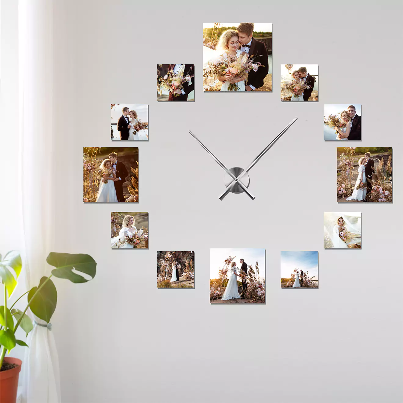 Personalised wall clock made of a mosaic of canvas and shutterblocks capturing heartwarming moments from your wedding or honeymoon, centered around a sleek clock mechanism, creating a timeless reminder of love and joy.