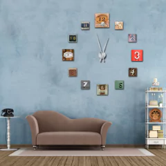 Personalised wall clock preserving cherished memories from a Bar Mitzvah or birthday party, composed of vibrant canvas prints and shutterblocks capturing the celebration's highlights, with a central clock mechanism, marking each moment with timeless joy.