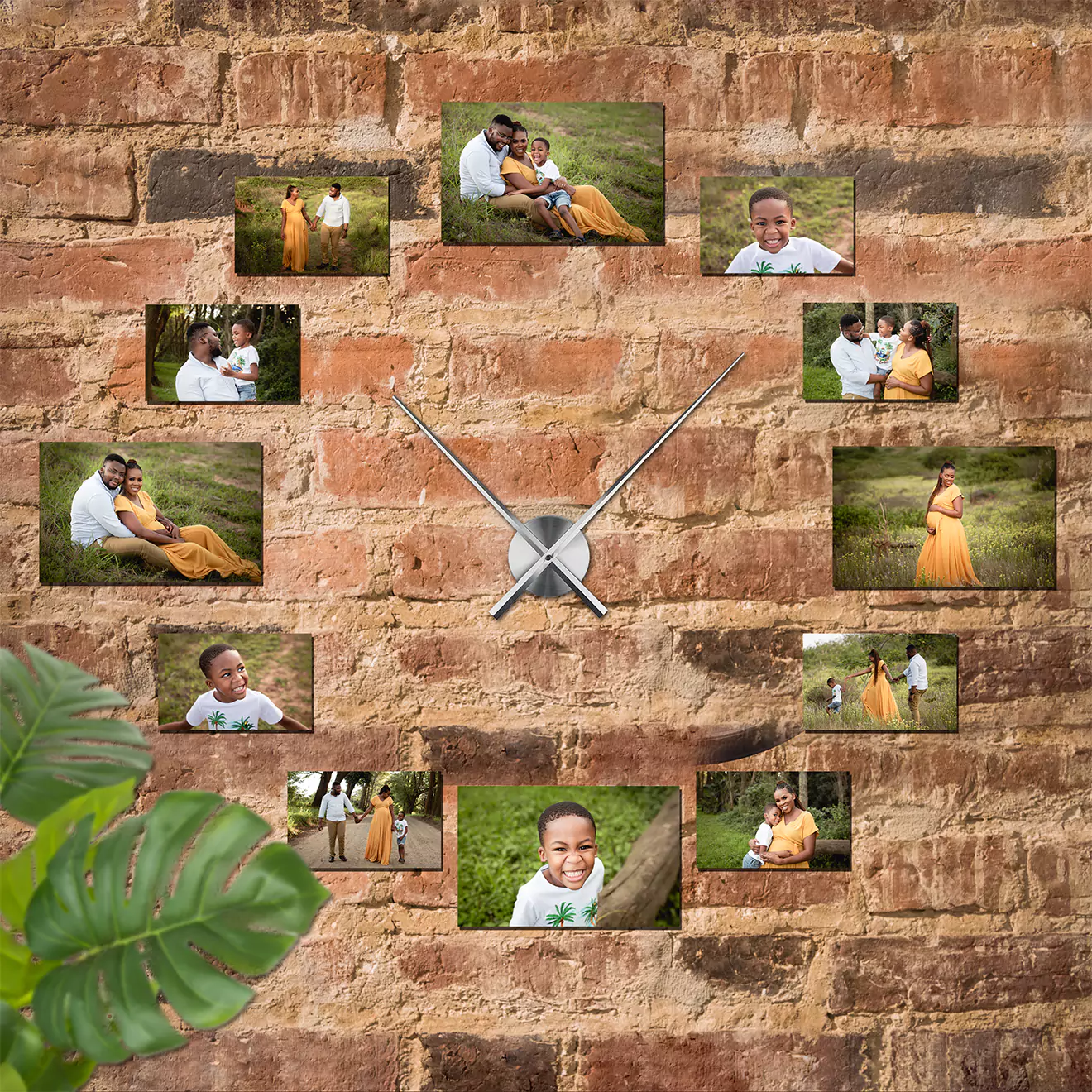 Unique large wall clock featuring a sleek, minimalist design with a central silver clock mechanism and black hands. Surrounding the clock are twelve photo frames, each displaying a different personal photo, creating a unique and personalised timepiece. Ideal for gifts and home decor.