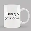 Customisable white ceramic mug with 'Design your own' text, ideal for personalised gifts in South Africa. Perfect for creating unique Christmas gifts, baby shower gift ideas, or gifts for men and women.