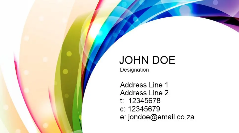 Colourful business card design featuring vibrant, curved lines in shades of blue, green, pink, and purple on a white background. The card displays placeholder text for a name, designation, address, phone numbers, and email address. Ideal for personalised business cards in South Africa.