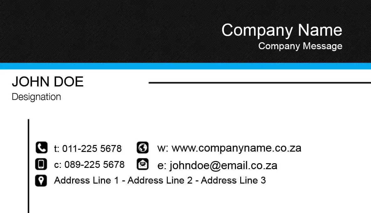 A professional business card template with a black header and blue accent line. The card includes placeholders for company name, company message, individual's name, designation, phone numbers, website, email, and address. Ideal for corporate use and personal branding.