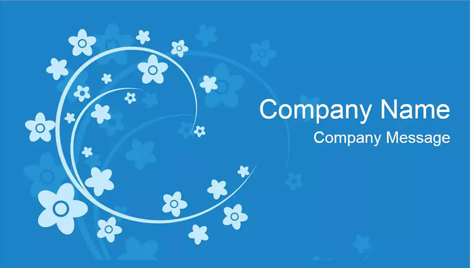 Blue-themed business card design featuring a swirling pattern of light blue flowers on the left side. The right side has placeholders for "Company Name" and "Company Message" in white text. Ideal for professional use, personalised gifts, or promotional materials.