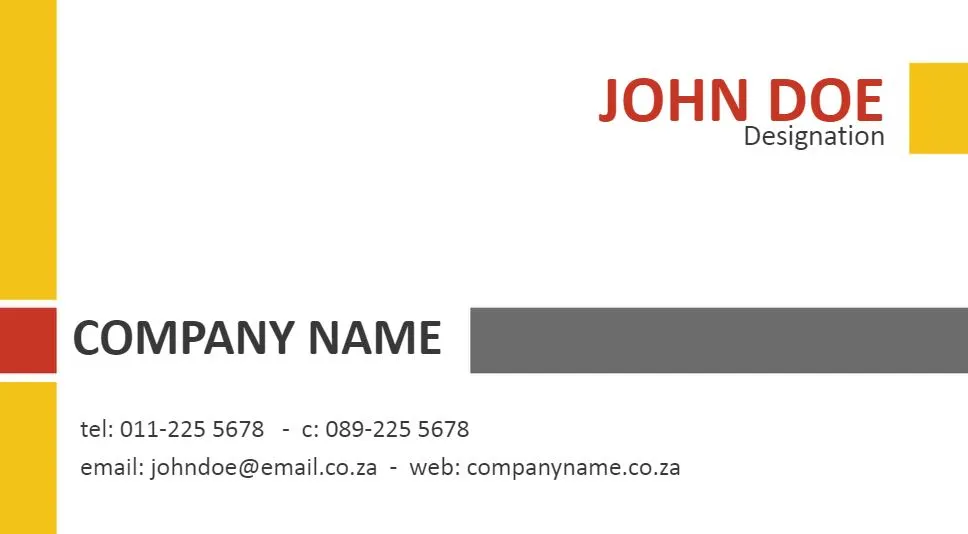 Corporate-themed business card featuring a professional design with red, yellow, and grey accents. Includes placeholders for company name, individual name, designation, contact numbers, email address, and website. Ideal for professional networking and business branding.